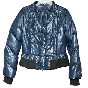 BCBG Max Azria blue down filled peplum jacket vintage button detail women’s M
